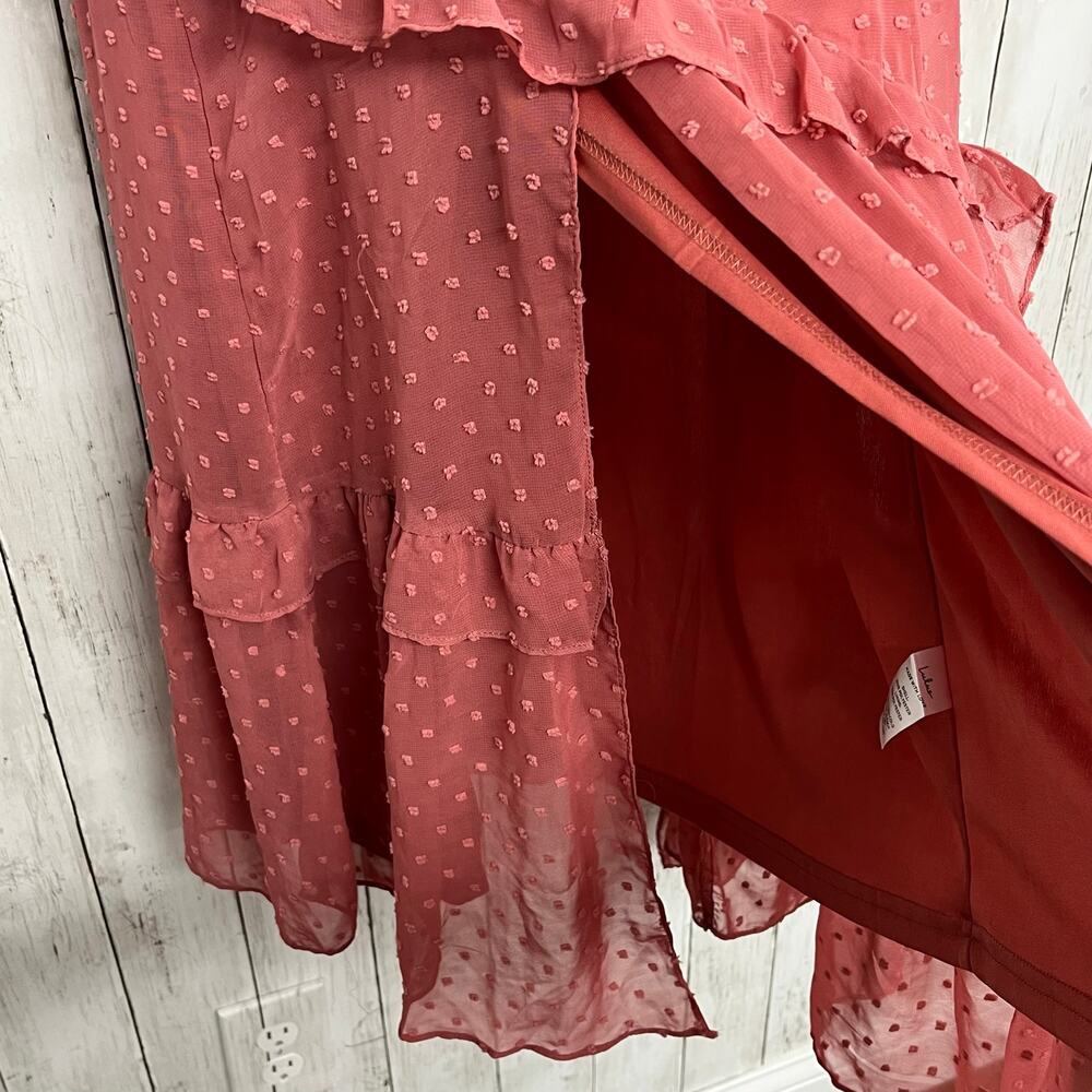 Lulus Next To You Rusty Rose Swiss Dot Ruffled Fairy Cottage Midi Slit Dress - Picture 3 of 11
